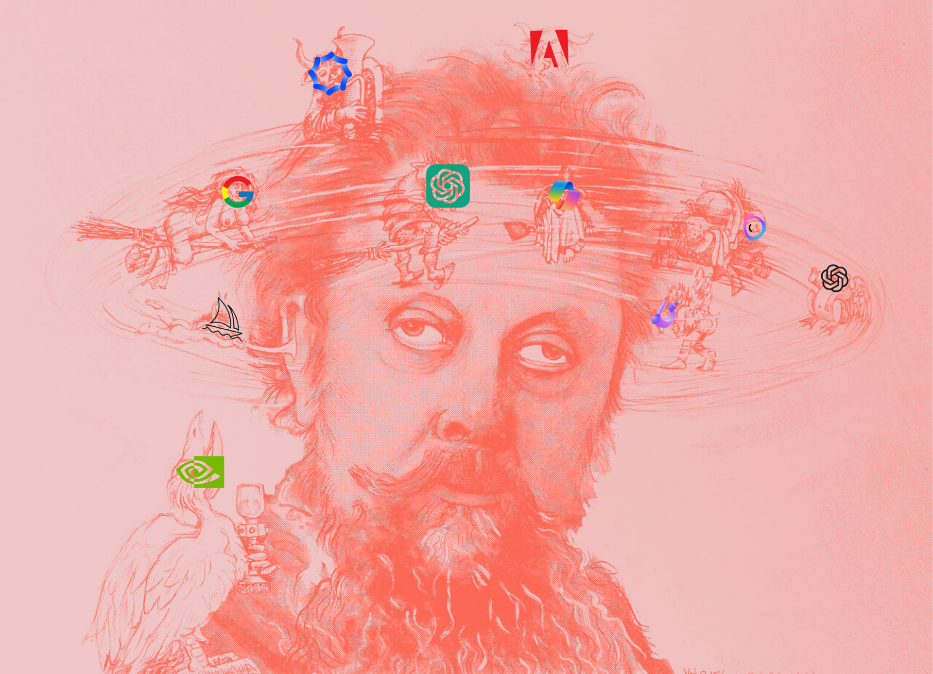 Decorative image of man looking woozy with AI icons swirling around his head.